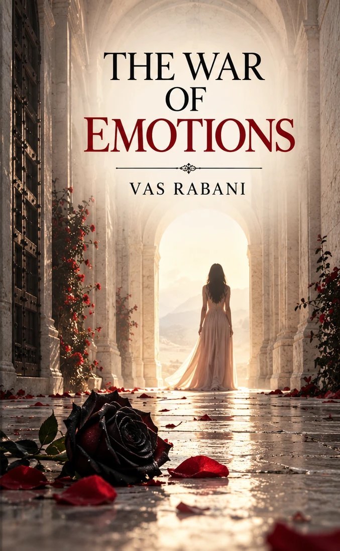 Cover of The War of Emotions by Vas Rabani: a woman in a pale gown walking away down a white colonnade toward the light, a dark rose and red petals in the foreground